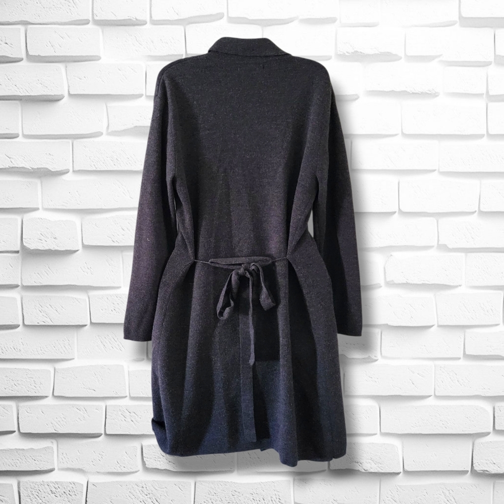 Sarah Spencer | Dark Gray Button Down Self-Tie Merino Wool Duster Cardigan - Picture 2 of 11